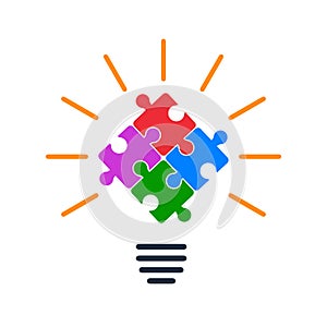 Idea concept, creative bulb sign, innovations. Lightbulb made of colourful puzzle pieces - vector