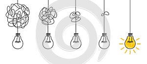 Idea concept, creative of simplifying complex process lightbulb, bulb sign, innovations, untangled of problem. Keep it simple