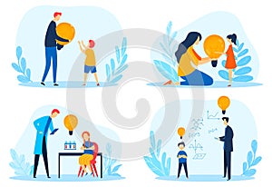Idea concept, creative solution, technology light, innovation work brainstorming, design, cartoon style vector