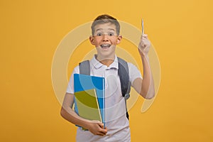 Idea Concept. Excited schoolboy with backpack and notebooks pointing upwards with pencil