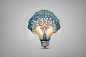 Idea concept with human brain and glowing light bulb on grey background