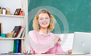 Idea concept. IT Lesson with Computer. e-learning concept. modern technology. girl Study Online in Classroom. teacher