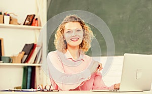 Idea concept. IT Lesson with Computer. e-learning concept. modern technology. girl Study Online in Classroom. teacher