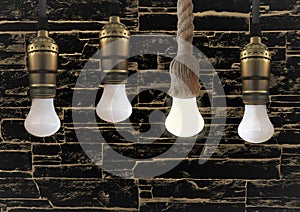 Idea concept with light bulb or Hanging light bulbs with glowing one different idea