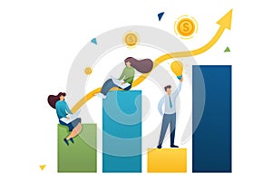 Idea creation, schedule Growth and profit growth of entrepreneurs working for success. Flat 2D character. Concept for web design