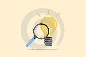 Idea and creative concept. A magnifying with light bulbs for opportunities, search for new solutions, and direction of development