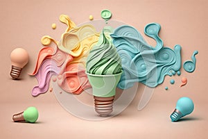 Idea and creativity painted lightbulb. 3D concept on a pastel background, brainstorming