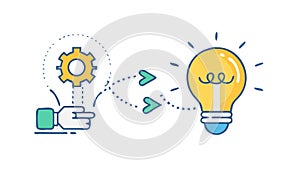 Idea development process with lightbulb and gears, symbolizing innovation flow. vector design Generative AI