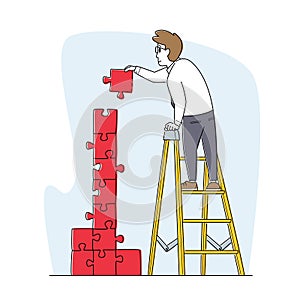 Idea Development, Task Solution and Problem Solving Concept. Business Man Character Stand on Ladder Assemble Puzzle