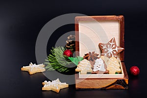 Idea DIY Do it yourself new year and Christmas gift concept butter sugar cookies with royal icing decoration in wood box