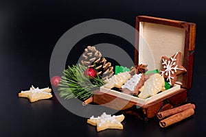 Idea DIY Do it yourself new year and Christmas gift concept butter sugar cookies with royal icing decoration in wood box