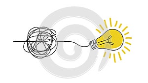 Idea doodle concept. Confuse to simplicity concept with messy hand drawn lines and light bulb. Vector clarity and photo