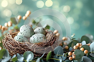 Idea for an Easter card featuring an egg nest and eucalyptus