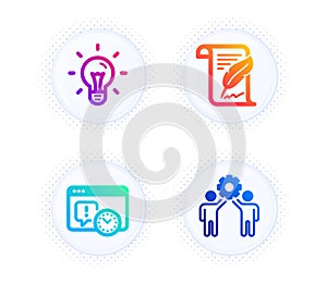 Idea, Feather and Project deadline icons set. Employees teamwork sign. Vector