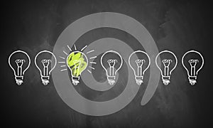 Idea found, drawn as lightbulb on blackboard