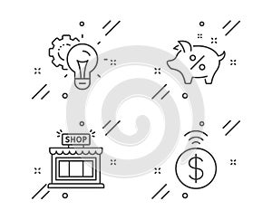 Idea gear, Shop and Loan percent icons set. Contactless payment sign. Technology process, Store, Piggy bank. Vector