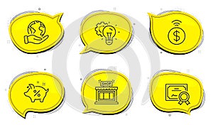 Idea gear, Shop and Loan percent icons set. Contactless payment sign. Technology process, Store, Piggy bank. Vector