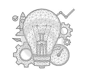 Idea generation concept art. Polygonal vector illustration of a light bulb, gears, speedometer and rocket.
