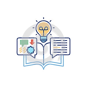 Idea generation and information processing, light bulb, open book