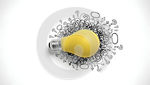 Idea generation and problem solving concept with a light bulb and question marks