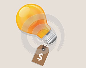 Idea has a price tag dollar symbol of money label retail discount offer lamp bulb shine