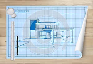 Idea of house on blueprint paper background. Architectural drawing paper on wooden texture background. Vector