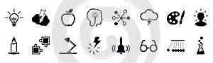 Idea icons set, creativity sign, creative idea logo with light bulb, human head, brain â€“ vector