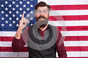 Idea and ideology. Patriotic concept. American lawyer teacher speaker or tv host american flag background. Love homeland