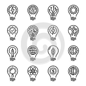 Idea intelligence creativity knowledge thin line icon set. Edita