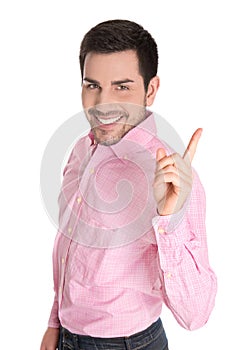 Idea: Isolated business man pointing with forefinger on white ba