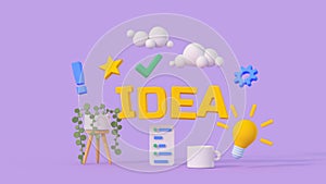 Idea lettering and light bulb 3D render illustration