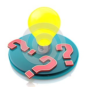 Idea light bulb amongst question marks on white background