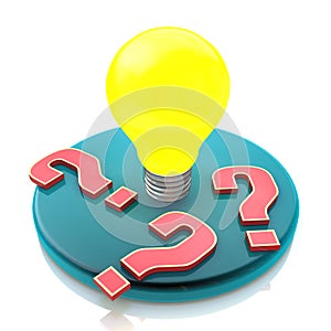 Idea light bulb amongst question marks on white background photo