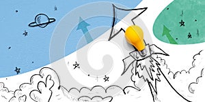 Idea light bulb flying to the sky like a rocket with arrows