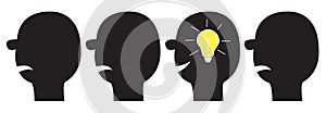 Idea light bulb in the head inside brain. Shining effect. Human face icon set. Black silhouette. Thinking process. Yellow switch