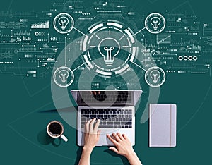 Idea light bulb theme with person using a laptop