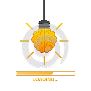 Idea loading concept with idea brain processed on a lightbulb bar. Vector stock illustration.