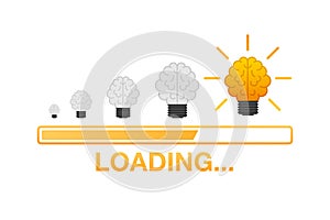 Idea loading concept with idea brain processed on a lightbulb bar. Vector stock illustration.