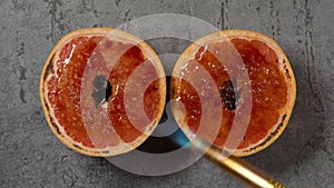 Idea of making a grapefruit brulee dessert using a cooking burner, top view, gray stone background. Caramelized grapefruit.   Frui