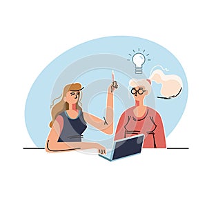 Idea and meeting. Business vector illustration with working person. Modern flat light style