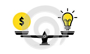 Idea and money on the scale icon. Idea and money stack balance on libra. Idea is money concept