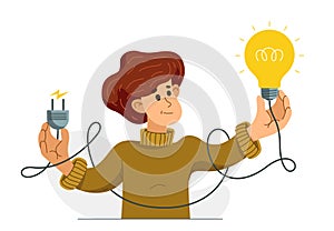 Idea needs resources to be realized embodied in life, vector illustration of a young man with a light bulb and plug for electrify