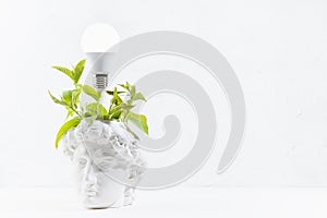 Idea of research of solution, brainstorming, thinking - glow light bulb as success thought symbol and wreath of fresh green leaves