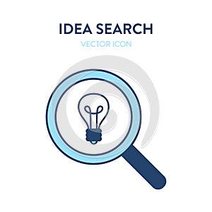 Idea searching icon. Vector illustration of a magnifier tool with light bulb idea symbol inside. Represents concept of searching