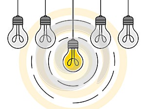 Idea. Set of hanging light bulbs with one glowing. Light bulb icons. Vector illustration