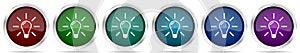 Idea, solution, bulb, innovation icons, set of silver metallic glossy web buttons in 6 color options isolated on white background