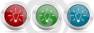 Idea, solution, bulb, innovation vector icon set. Red, blue and green silver metallic web buttons with chrome border