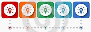 Idea, solution, bulb, innovation vector icons, infographic template, set of flat design symbols in 5 color options