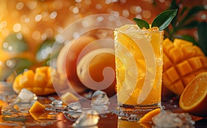 idea for a summer drink clear glass of chilled mango lemonade with ice cubes, perfect for cooling off on a hot day