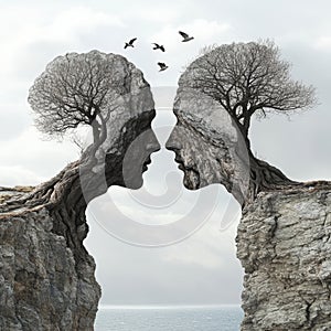 The idea of surmounting communication obstacles is conveyed through the image of two head-shaped trees with birds in mid photo